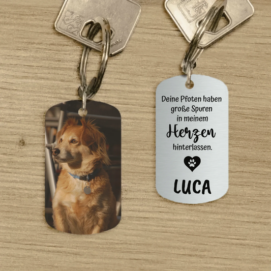 Personalisierter Schlüsselanhänger mit Hund oder Katze - Spuren im Herzen